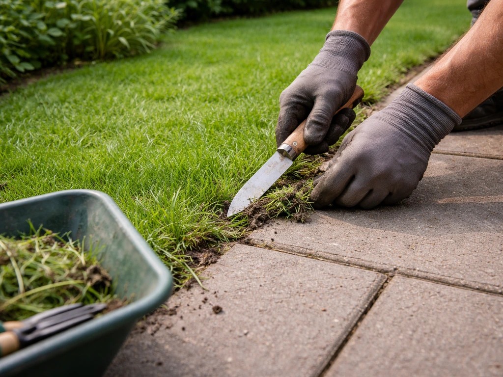 Hand met tuinmes en kruiwagen op achtergrond bij een tuinpad met nette rand tussen tegels en gras