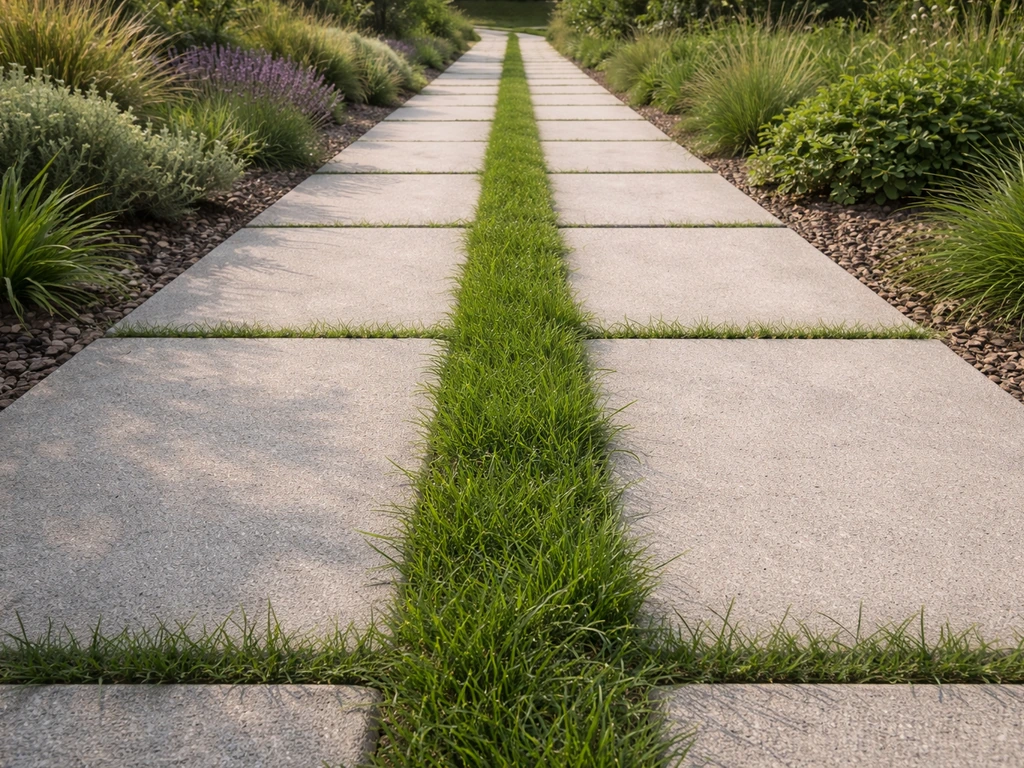 Betegeld tuinpad met een grasstrook ertussen, duidelijk zichtbaar verschil in sfeer en textuur.