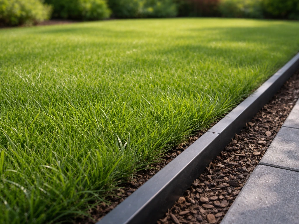 Close-up van een dicht gazon in een Nederlandse tuin waar tegels zijn vervangen, met nette randafwerking.