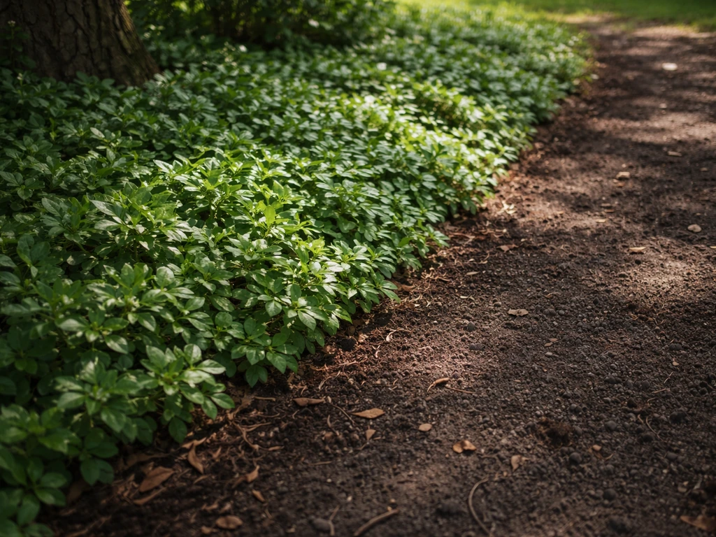 Groene bodembedekker onder een boom met schaduw en zichtbaar contrast met kale grond