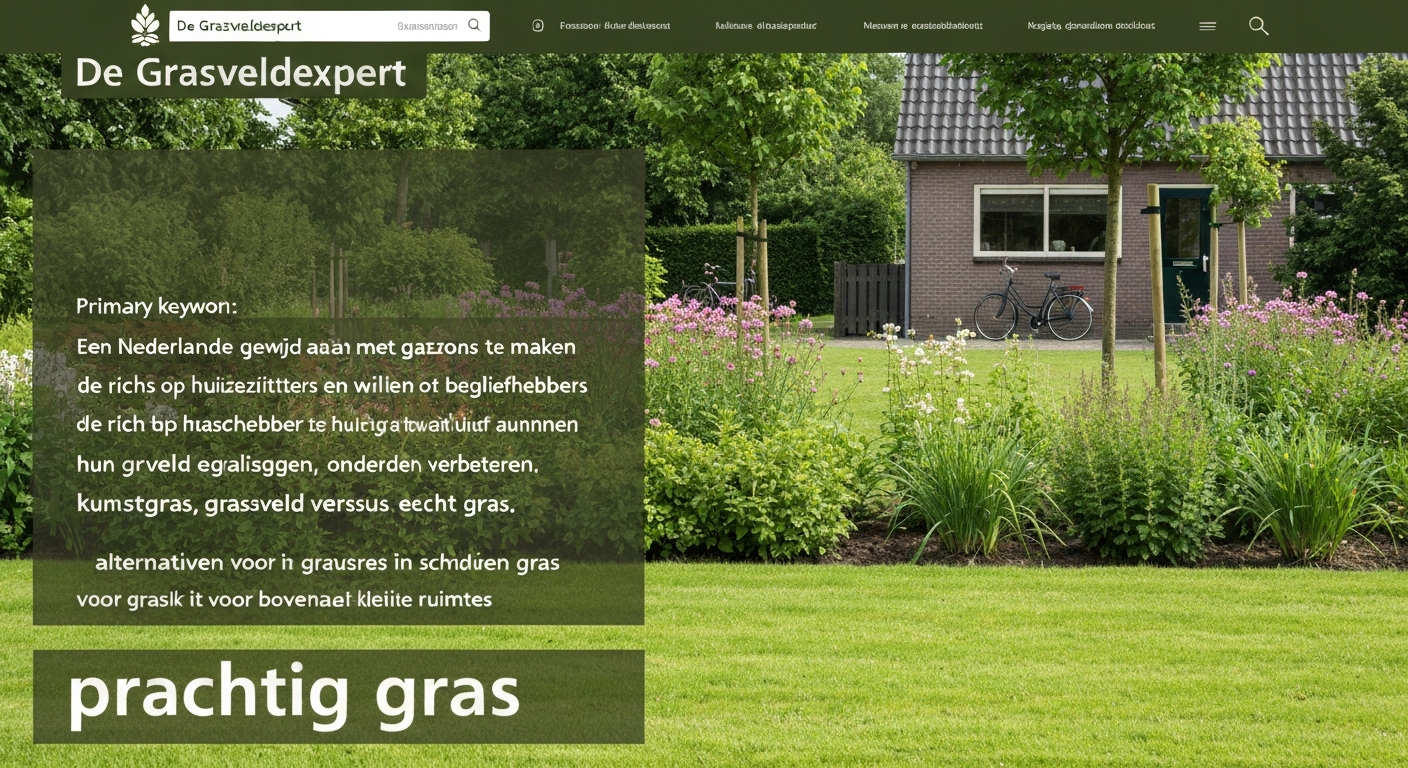 Diepgroen, dicht gazon in een Nederlandse achtertuin bij zonsopgang, zonder mensen, met bloemborders en houten schutting op de achtergrond.