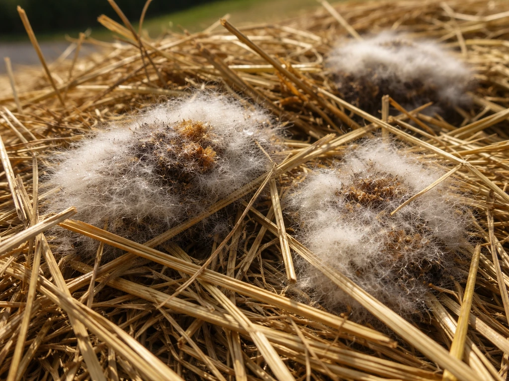 Close-up van gedroogd gras met pluizige pollen en donkerdere plekken die wijzen op nog aanwezige vochtigheid.