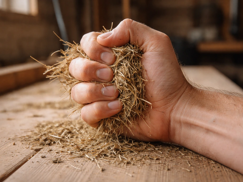 Close-up van een hand die gedroogd gras stevig knijpt; geen vocht of klonten zichtbaar.