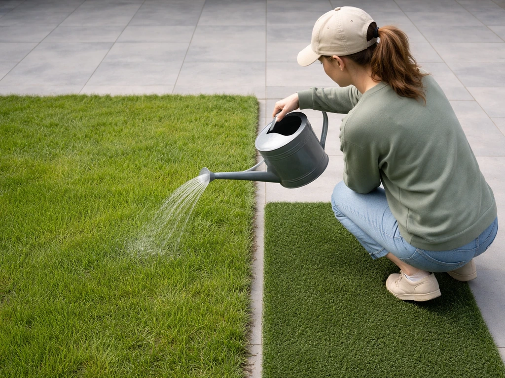 Tuinier met gieter bij echt gras en een aangrenzend stuk kunstgras, onderhoud dag-tot-dag in één beeld