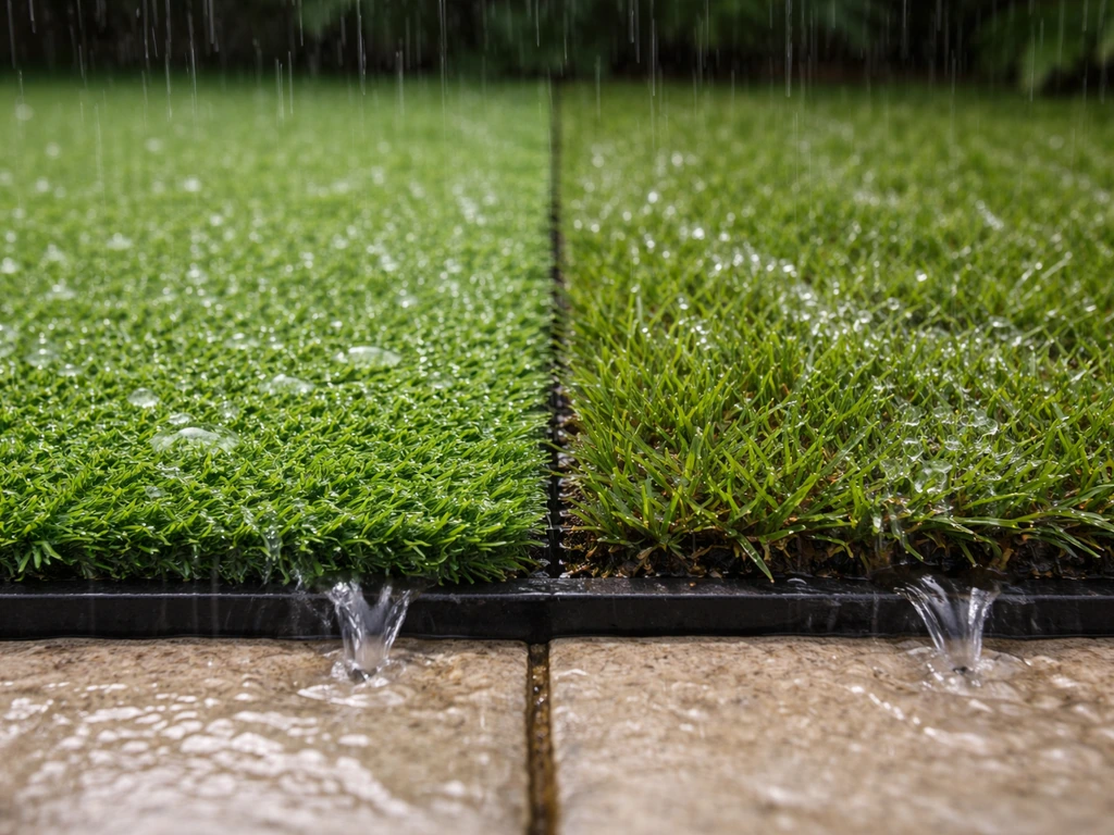 Regen op kunstgras en echt gras: kunstgras toont snellere afwatering en gelijkmatige vochtigheid.