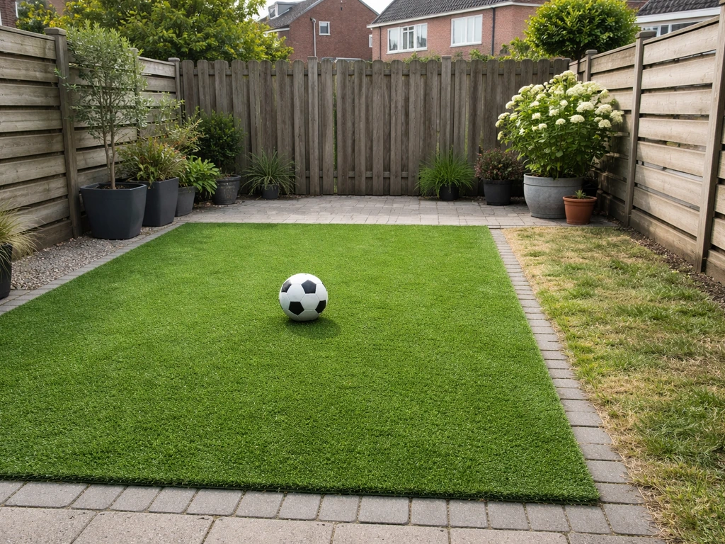 Kleine achtertuin met kunstgras waar een bal ligt, met subtiel afgebakende strook echt gras als alternatief.