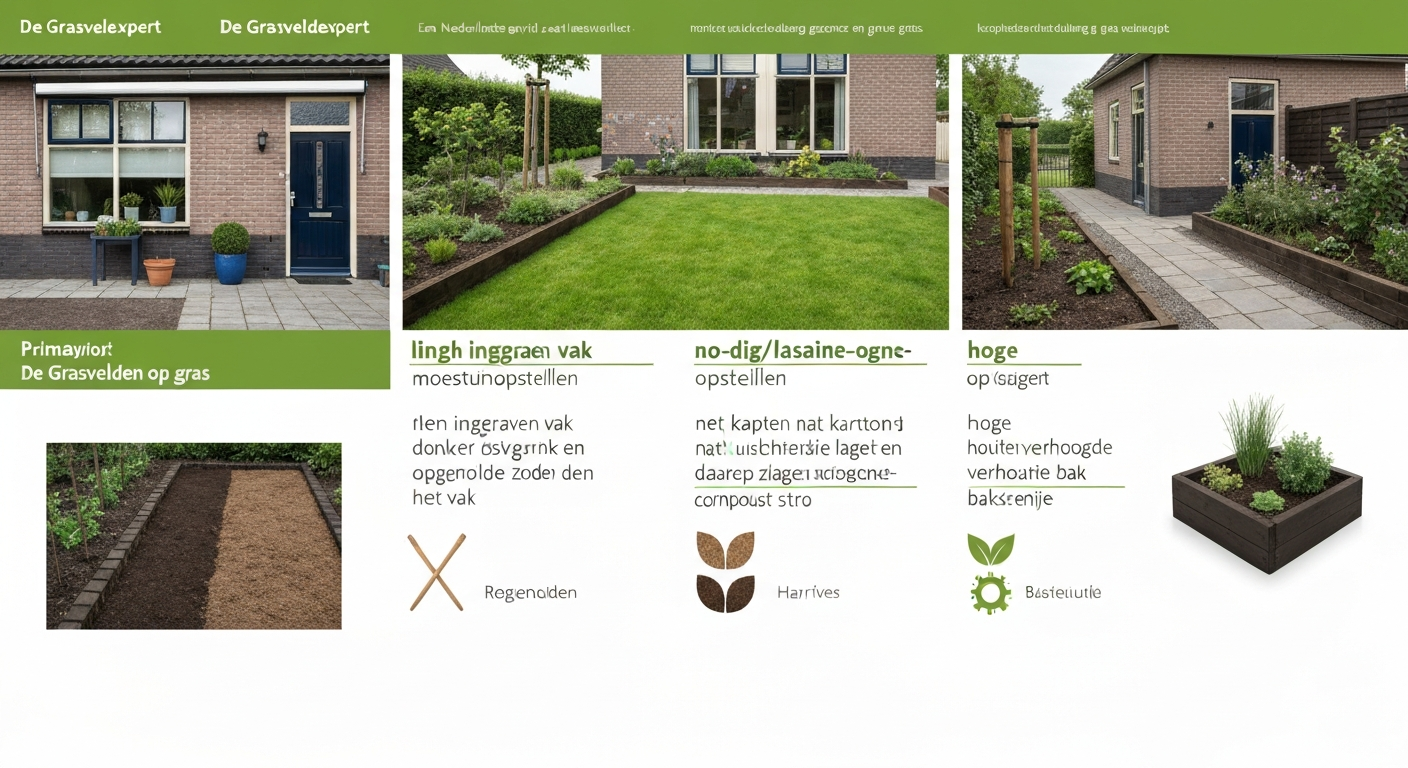 Drie naast elkaar geplaatste moestuinopstellingen op gras: ingegraven vak met opgerolde zoden, no-dig met karton en compost en een houten verhoogde bak; Nederlandse tuin met regenton en tuingereedschap op de achtergrond.