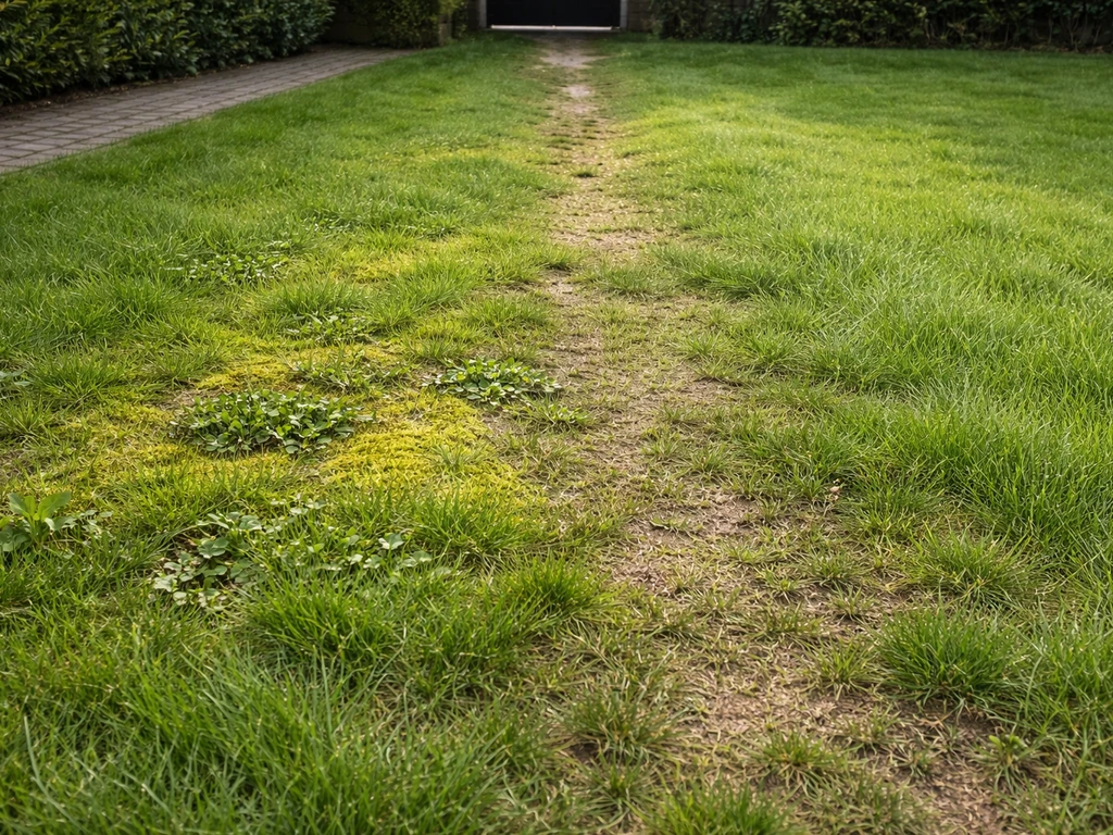 Een gazon met veel gras waar het misgaat: mos en onkruid tussen de sprieten en verdichte plekken op een looplijn.