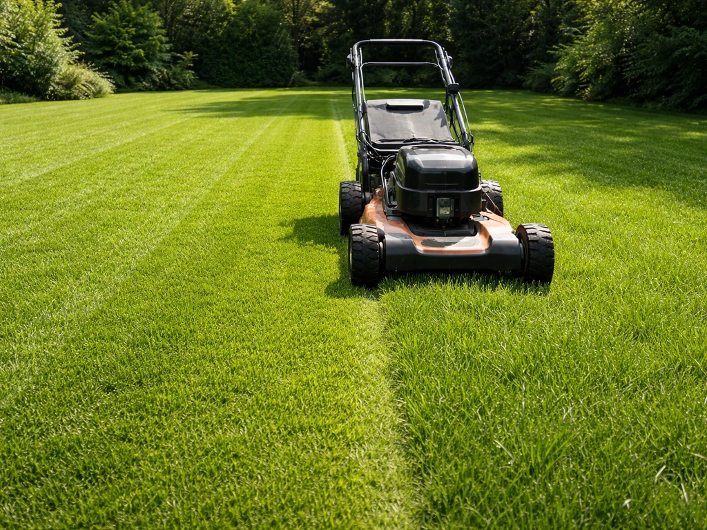 Gazonmaaier op een groen gazon met gelijkmatige maaistripe en graslengte rond 3–4 cm