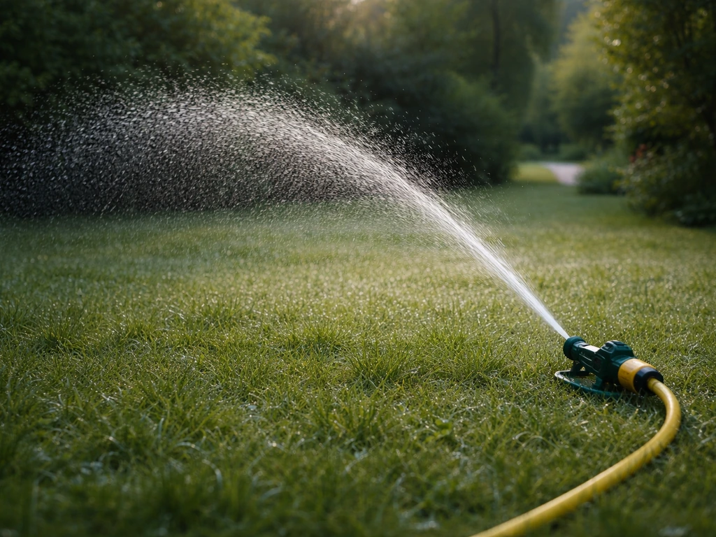 Vroege ochtend beregening van een gazon: sproeier met zichtbare waterdruppels die op het gras vallen.