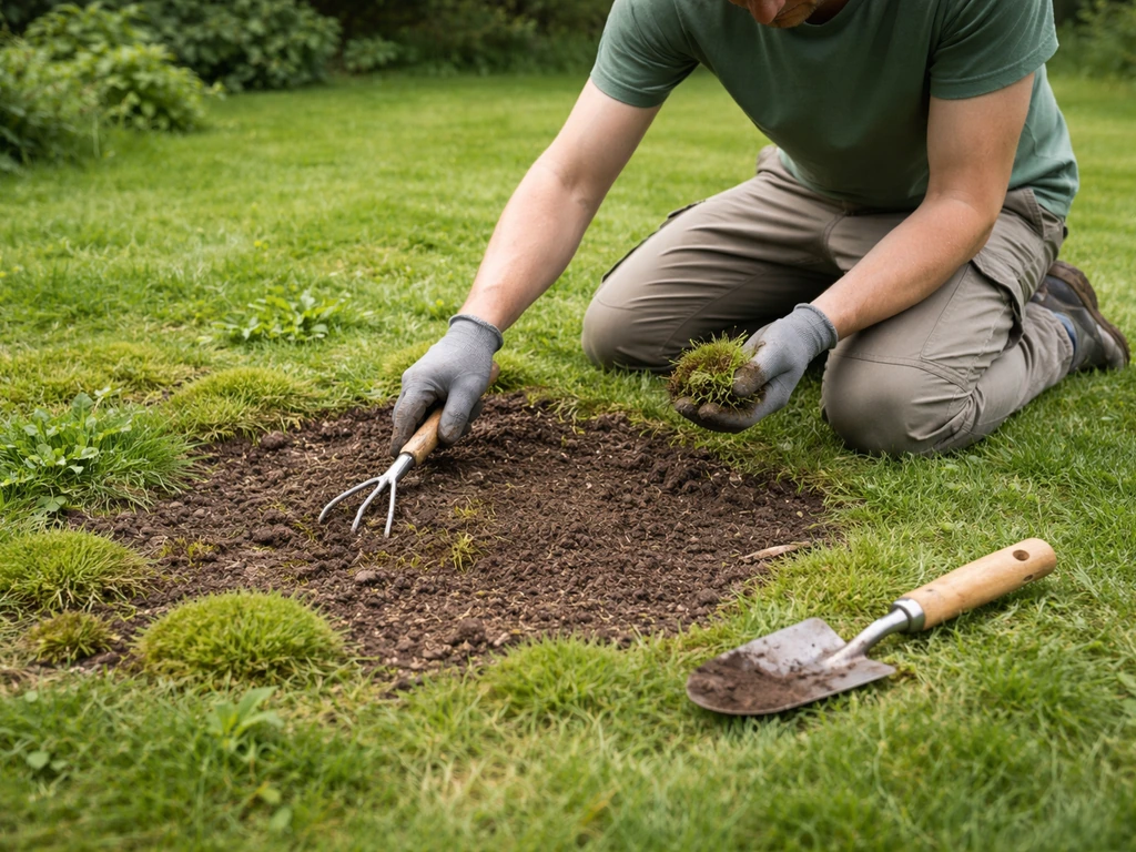 Tuinier verwijdert mos en onkruid uit een kale plek tussen het gras, met verse aarde/topdressing zichtbaar.