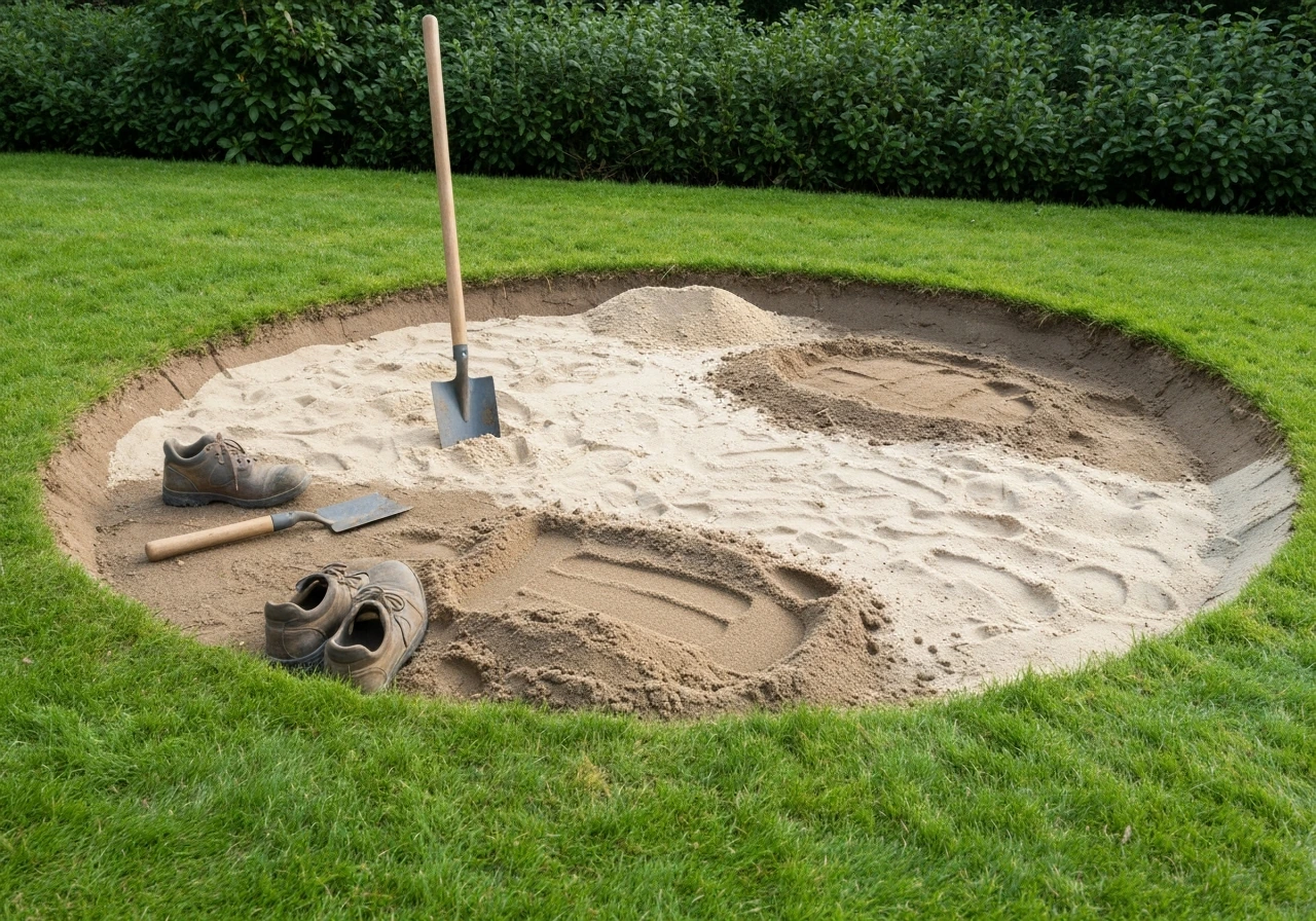 Tuinbodem met zand en klei, handen die egaliseren rond een lege standplaats voor beplanting