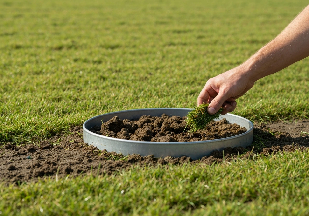 Hand strooit graszaad en werkt de grond rond een grondanker bij op een groen gazon.