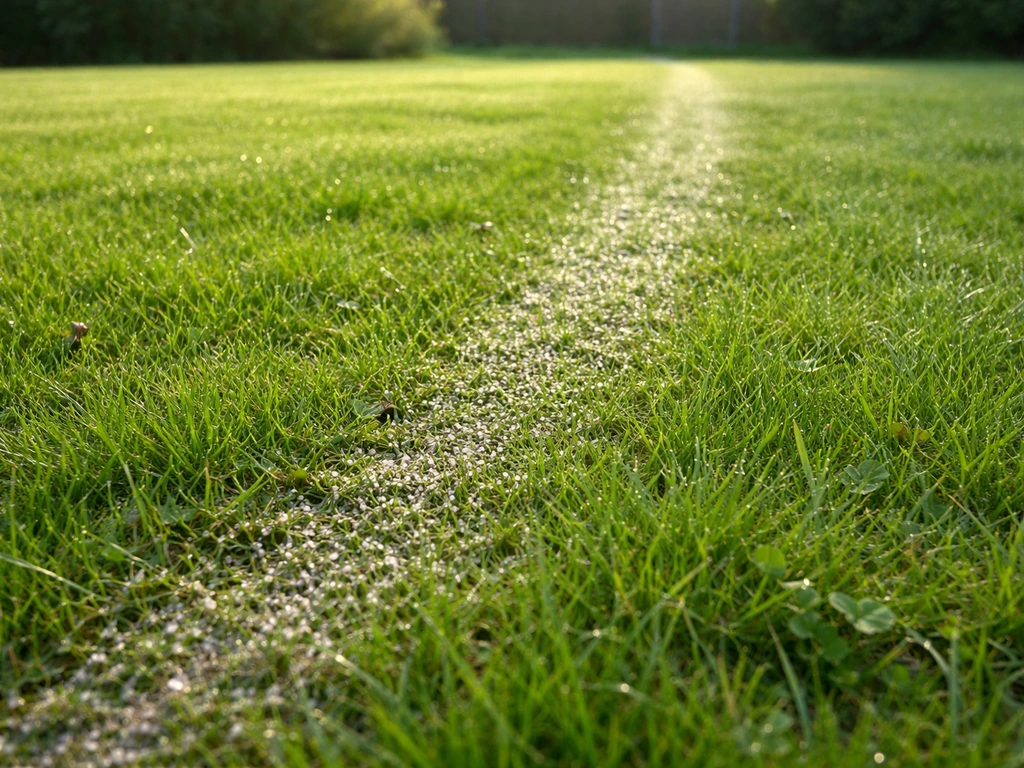 Groen gazon met zichtbare kunstmestkorrels en lichte strooisporen, net bemest in een Nederlandse tuin.