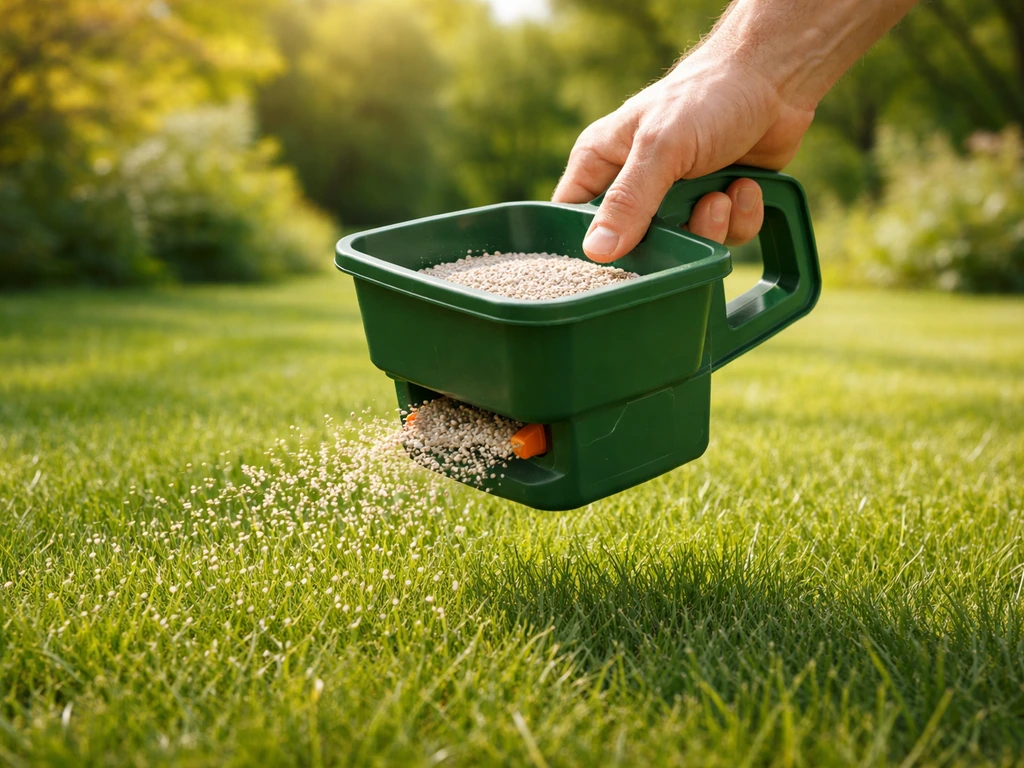 Hand die een grasveld bemest met een handstrooier, seizoensgevoel in voorjaar en zomer/najaar