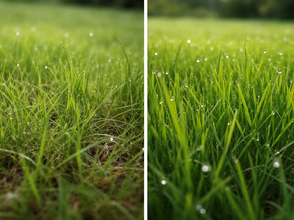 Detail van nieuw, dieper groen gras met zachte schaduwen; voor/na-achtig effect na bemesting
