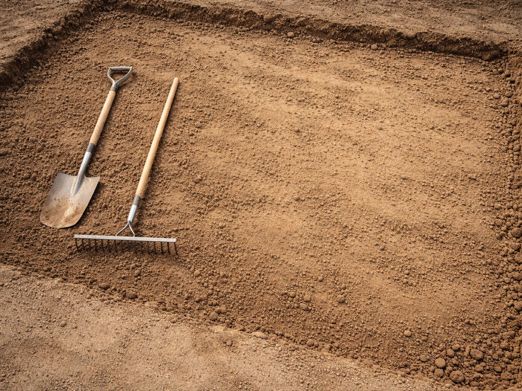 Bovenaanzicht van uitgestoken en geëgaliseerde tuinbodem met schop en hark klaar voor verdere aanleg.