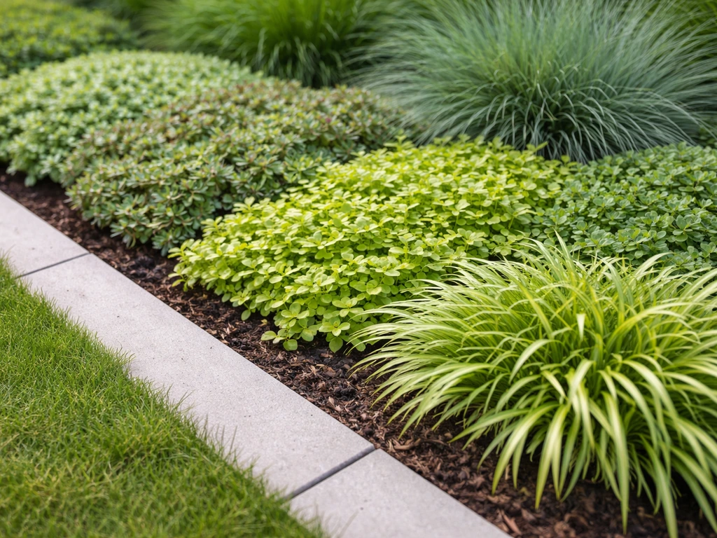 Close-up van bodembedekkers in een tuinborder die de grond dichtgroeien en onkruid onderdrukken.
