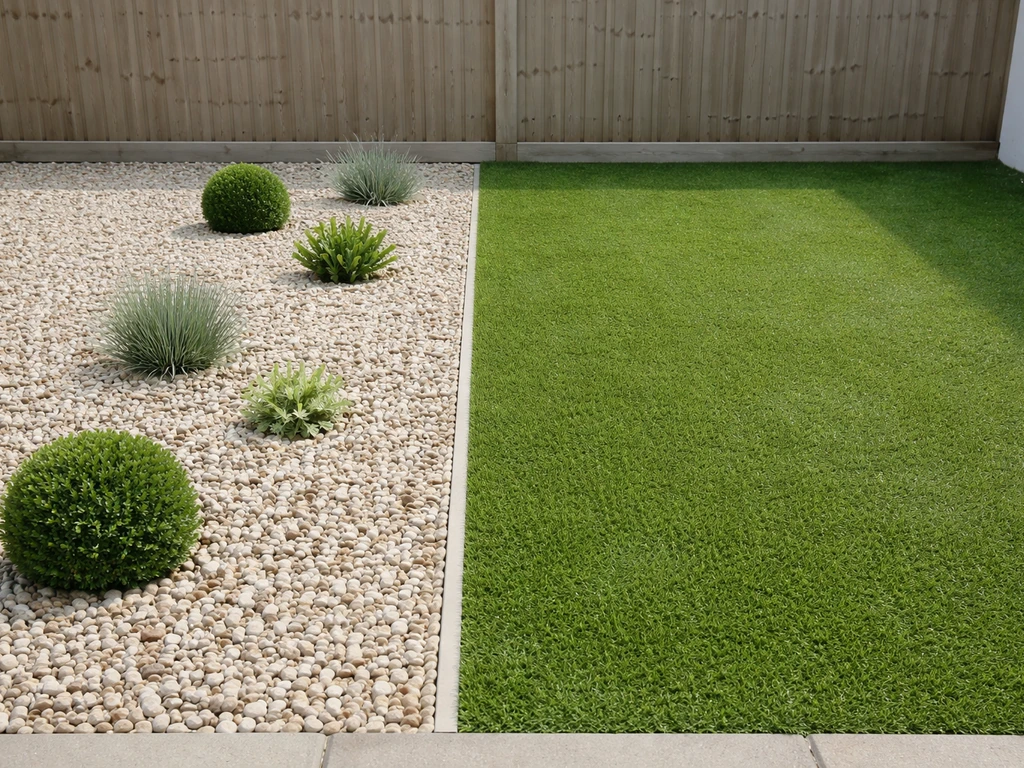 Tuin met twee stroken naast elkaar: siergrind met beplanting en kunstgras met zichtbaar verschil in textuur