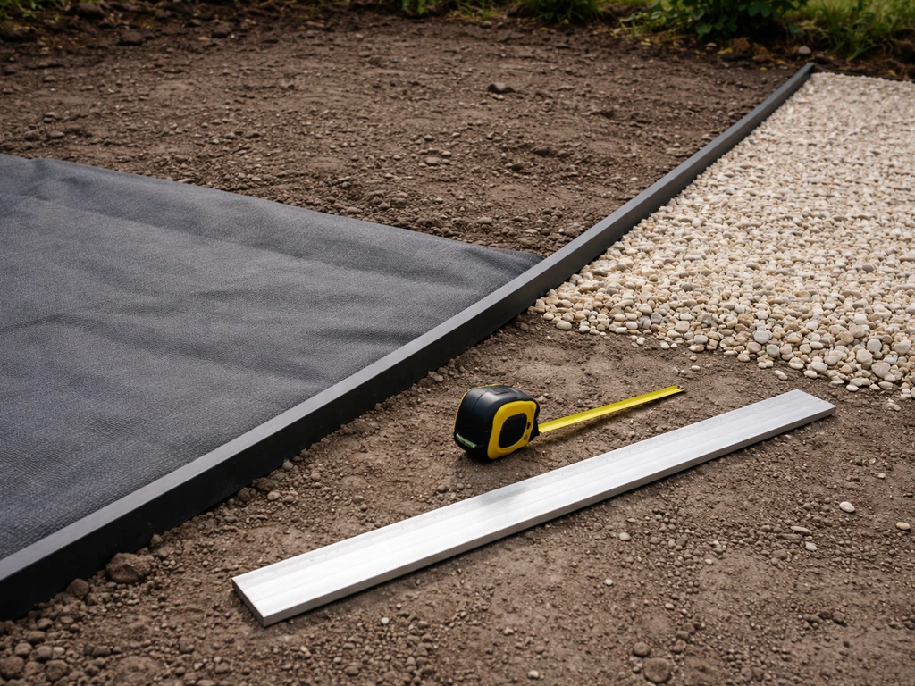 Buitenaanlegdetail met siergrind, worteldoek, afboording en meetlint bij een kale tuin, minimalistisch.