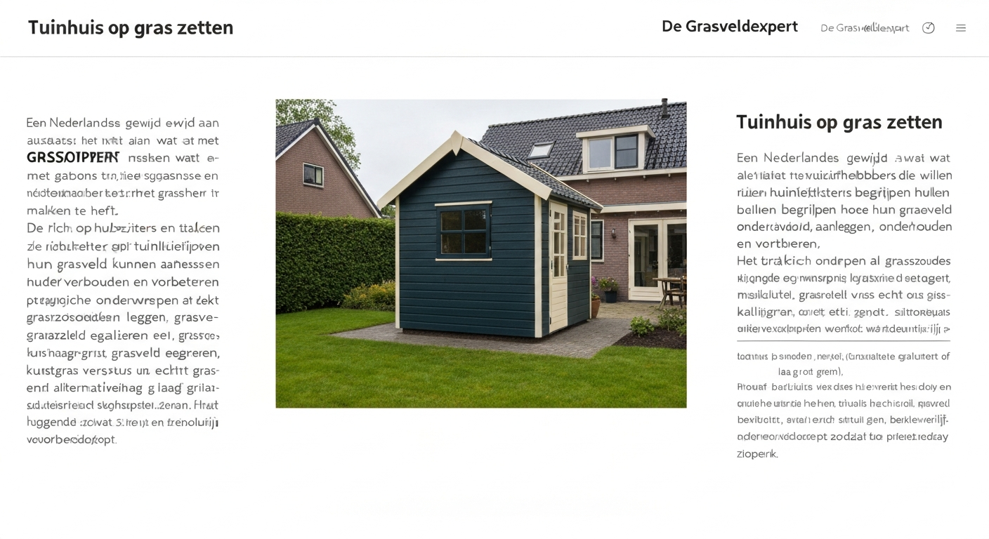 Overzichtsfoto van houten tuinhuis op voorbereide ondergrond met geotextiel, grind en stelvoeten in Nederlandse tuin
